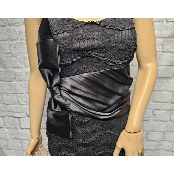 LOVELY DAY M BLACK SEQUIN RUFFLE SATIN BOW PADDED STRAPLESS BODYCON ZIP BACK SHO - Picture 3 of 14